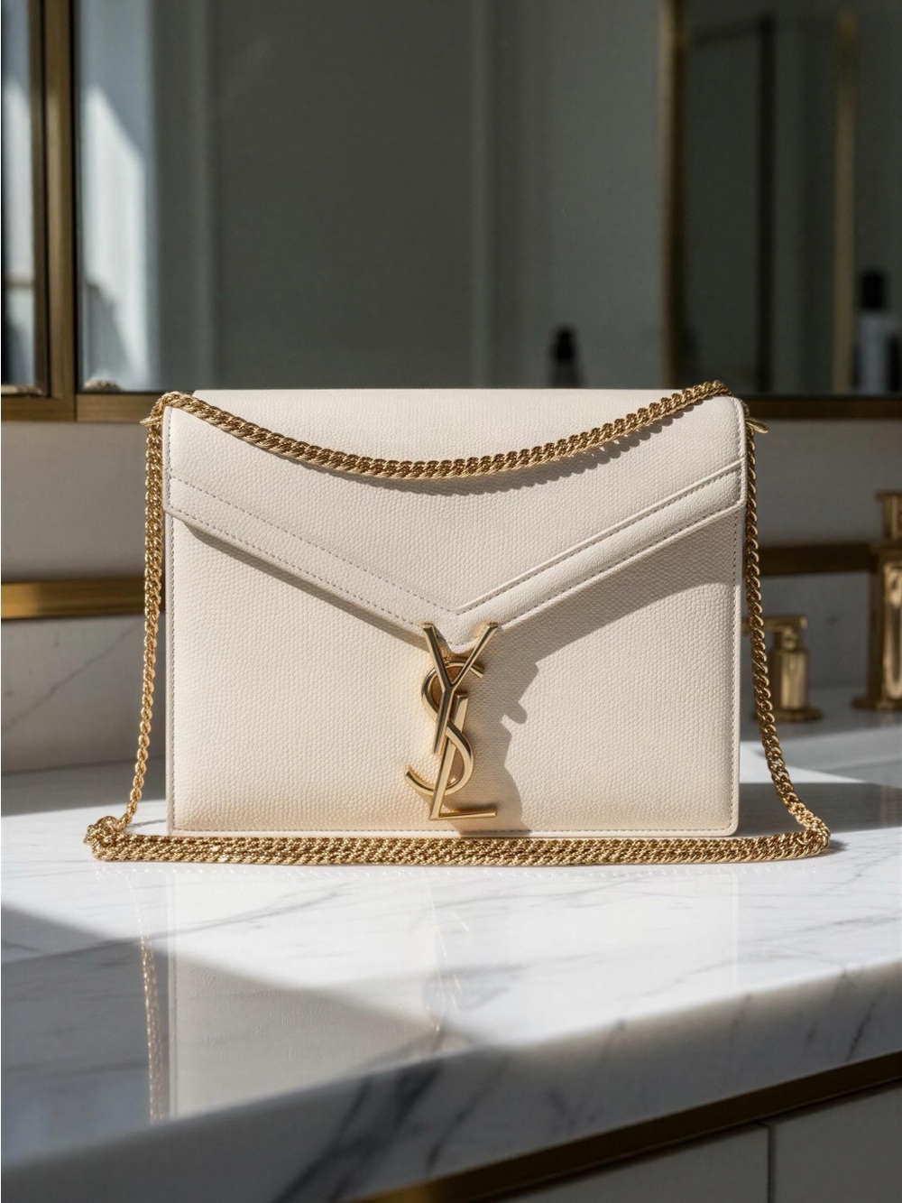 Saint Laurent Cream Leather Envelope Shoulder Bag with Gold Chain